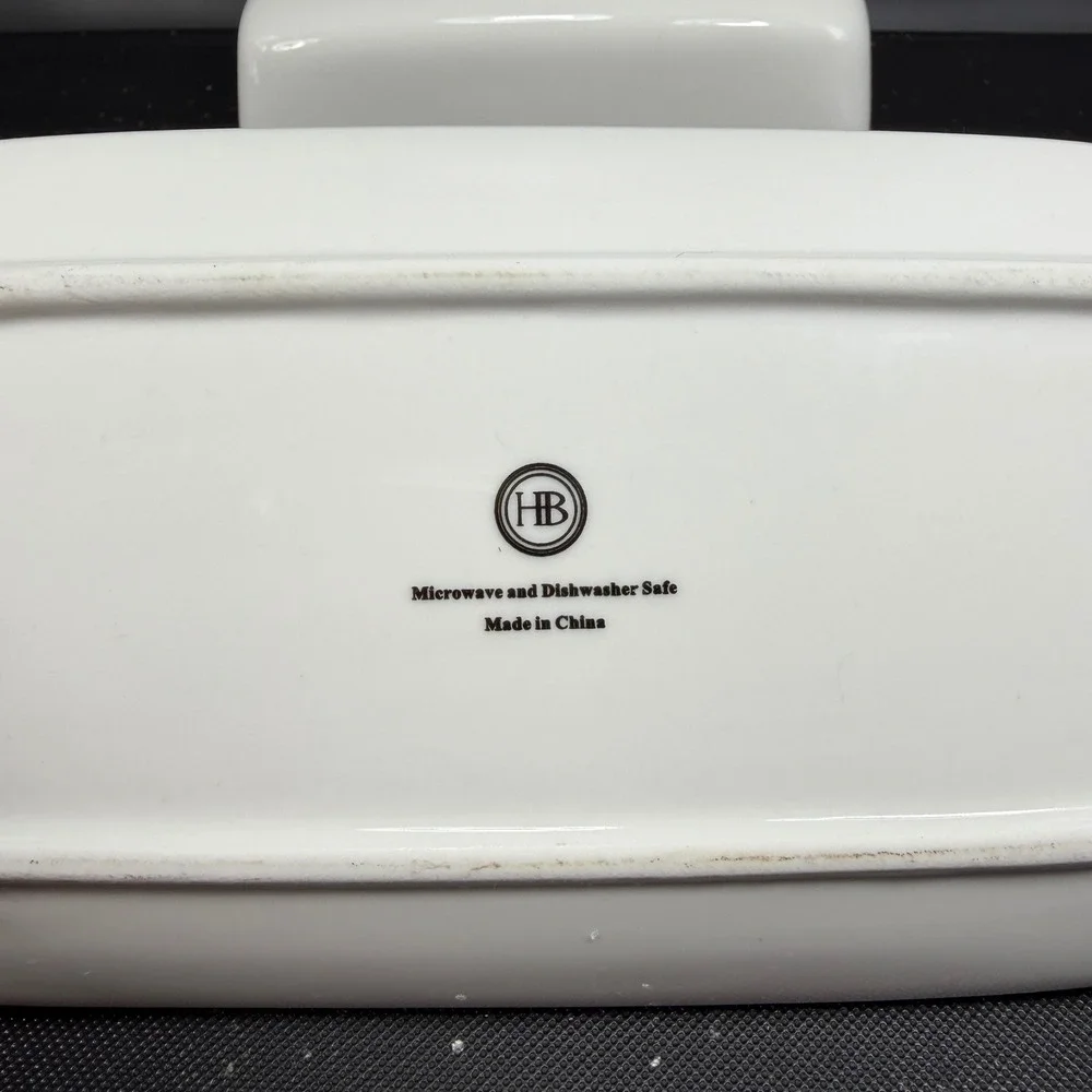 HB White Ceramic Butter Dish with Lid Microwave and Dishwasher Safe 8x4 Inch